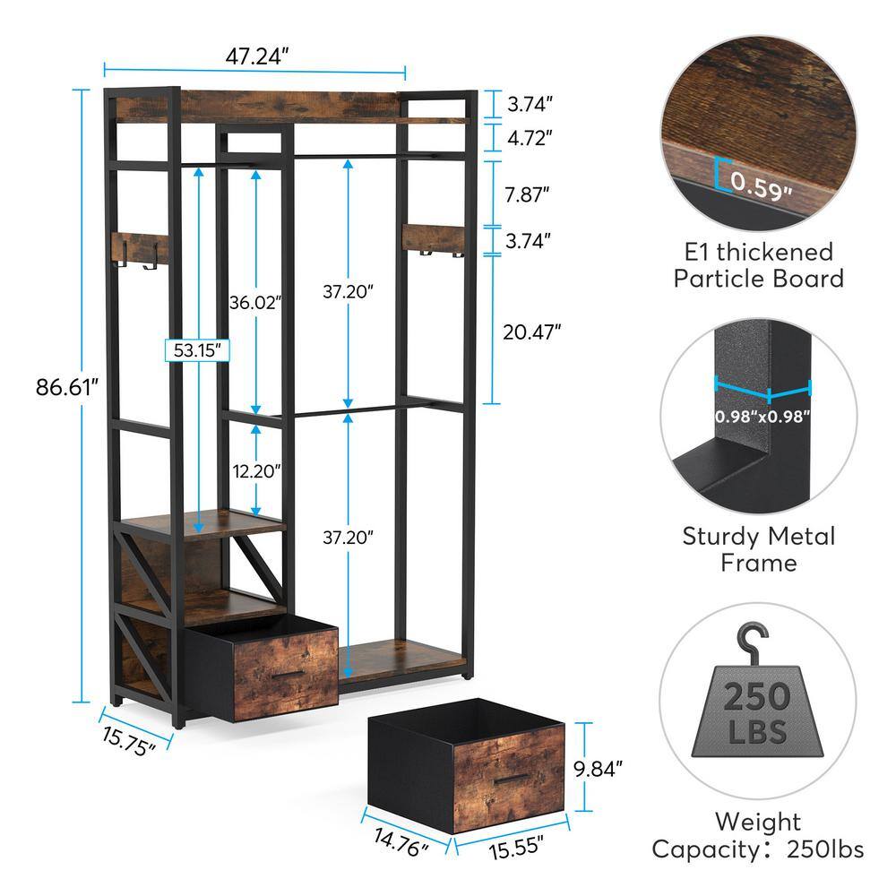 BYBLIGHT Carmalita Brown Garment Rack with 2 Fabric Drawers Freestanding Closet Organizer with Shelves and 3 Hanging Rods BB-C0621GX