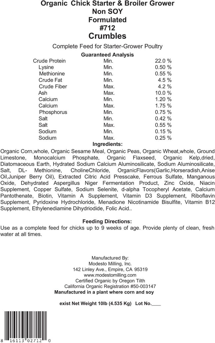 Modesto Milling Organic Non Soy Chick Starter-Grower Chicken Food， 10-lb bag