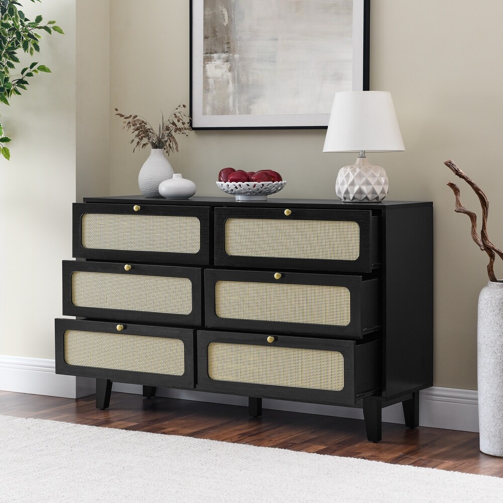 6 Drawers Dresser TV Stand Wooden Corridor Storage Cabinet with Rattan Weave Free Standing Storage Organizer for Hallway