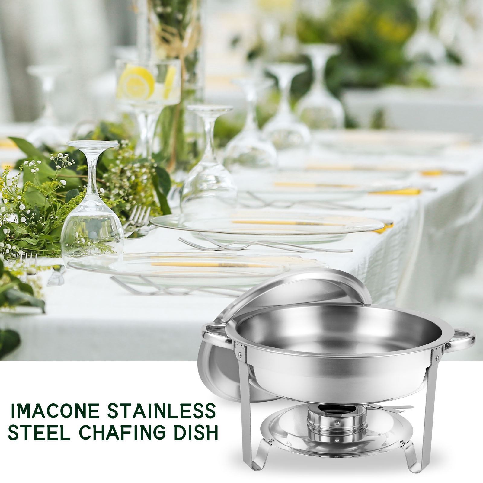 IMACONE Chafing Dish Buffet Set，5 Qt 4 Packed Stainless Steel Round Catering Warmer Set with Foldable Frame