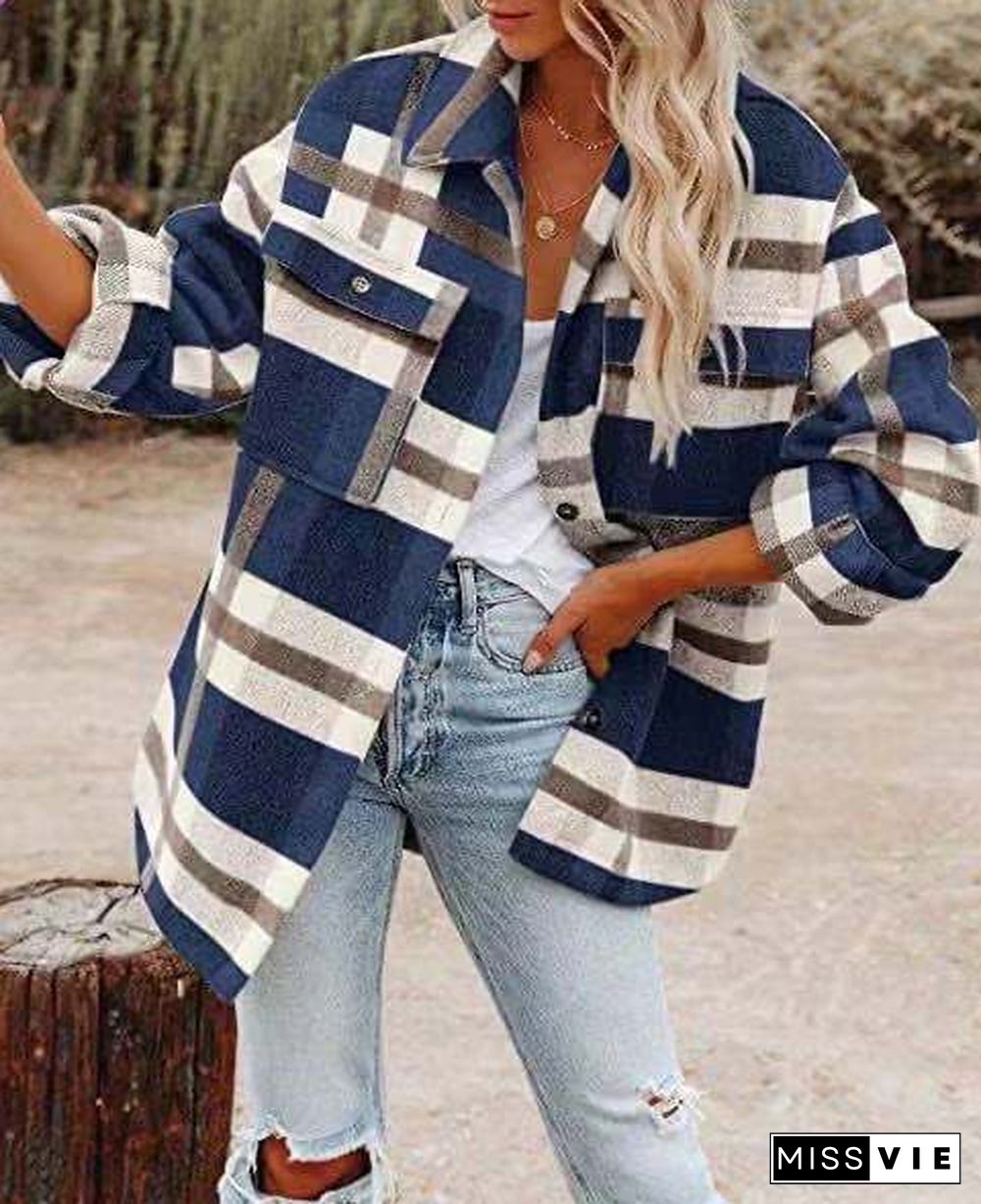 Autumn Winter Women's Clothing Popular Autumn Winter Long Sleeve Loose Plaid Shirt Wool Coat Women Jackets