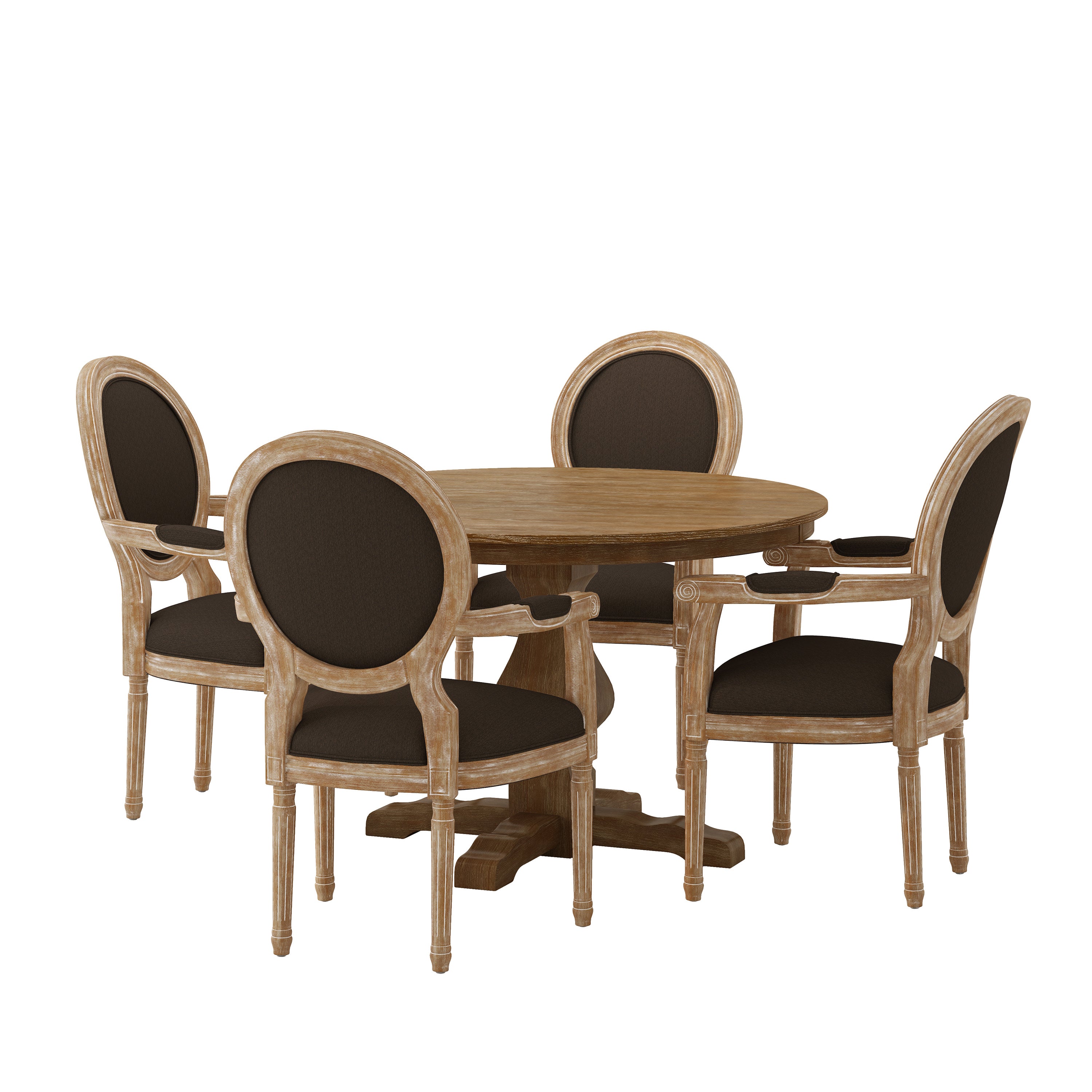 Bryan French Country Fabric Upholstered Wood 5 Piece Circular Dining Set