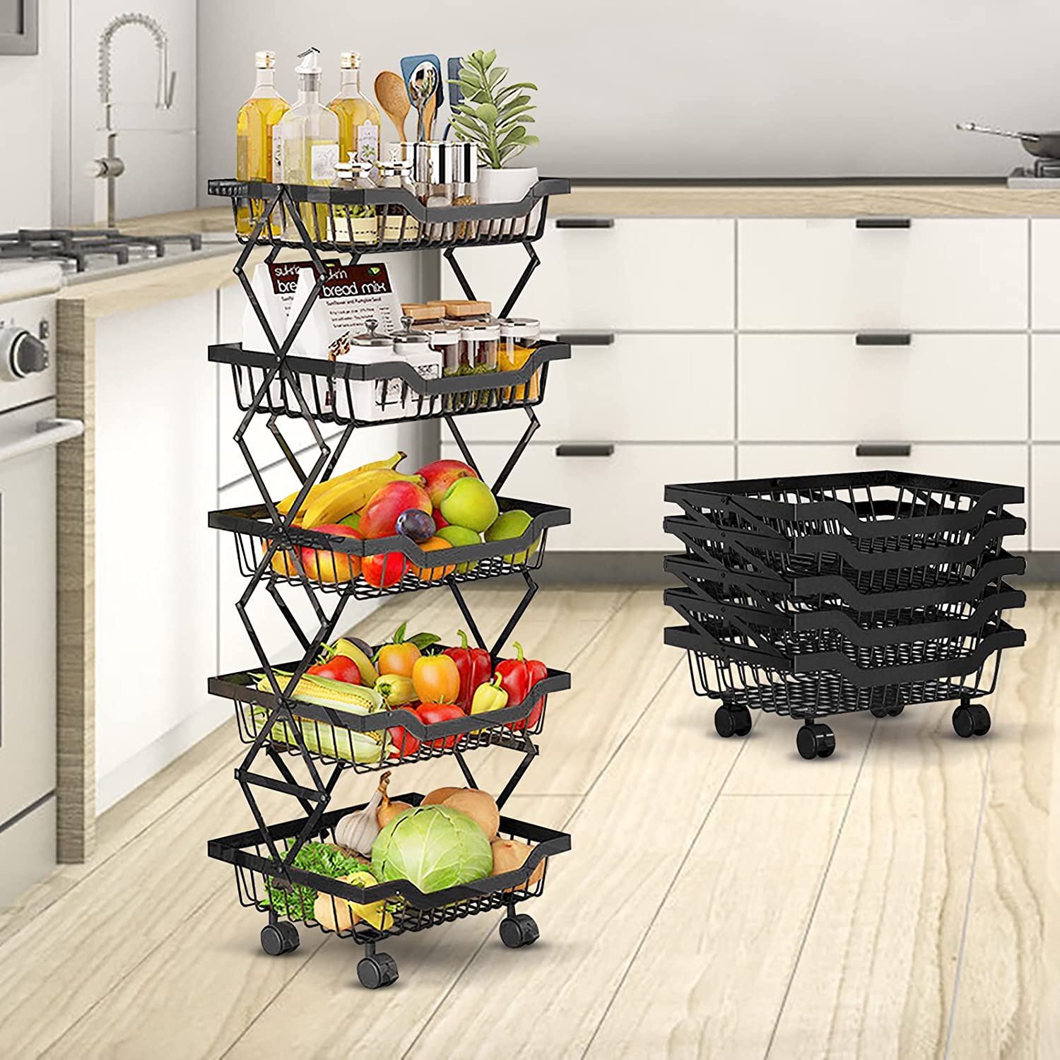 Fruit Basket for Kitchen - 3 Tier Basket Stand - Foldable Fruit and Vegetable Storage Cart with Detachable Wheels - Potato and Onion Storage - Basket Storage Tower for Kitchen， Pantry， Bathroom