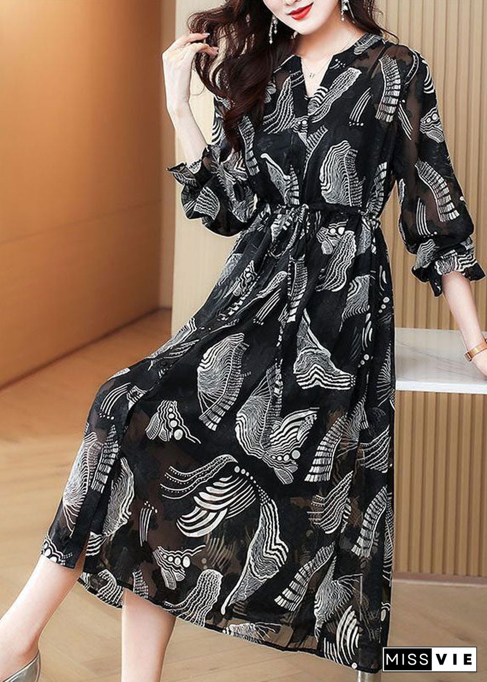 Casual Black V Neck Tie Waist Print Chiffon Holiday Dress Spring