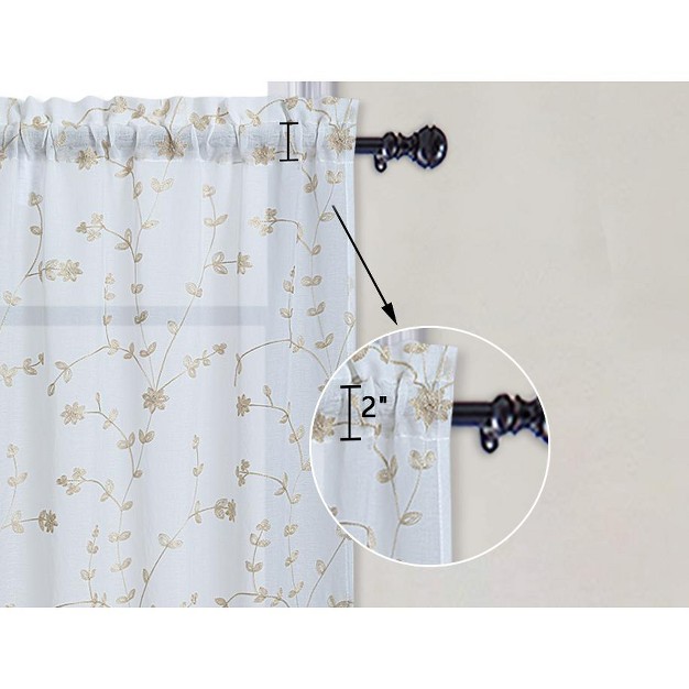 Trinity Sheer Curtains Leaves Embroidered Kitchen Curtains Rod Pocket Faux Linen Textured Window Treatments Set Of 2