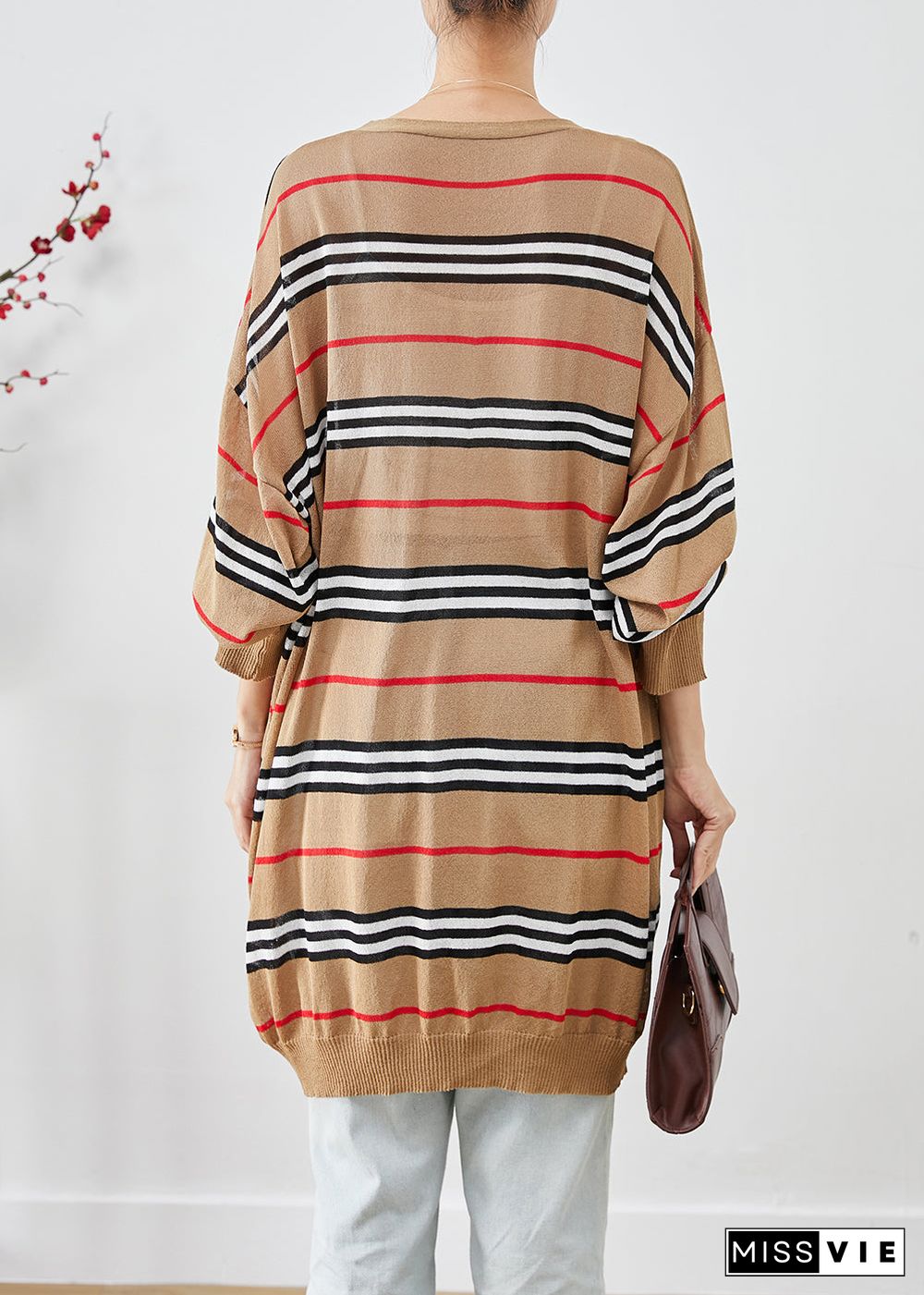 Art Khaki Oversized Striped Knit Cardigans Batwing Sleeve