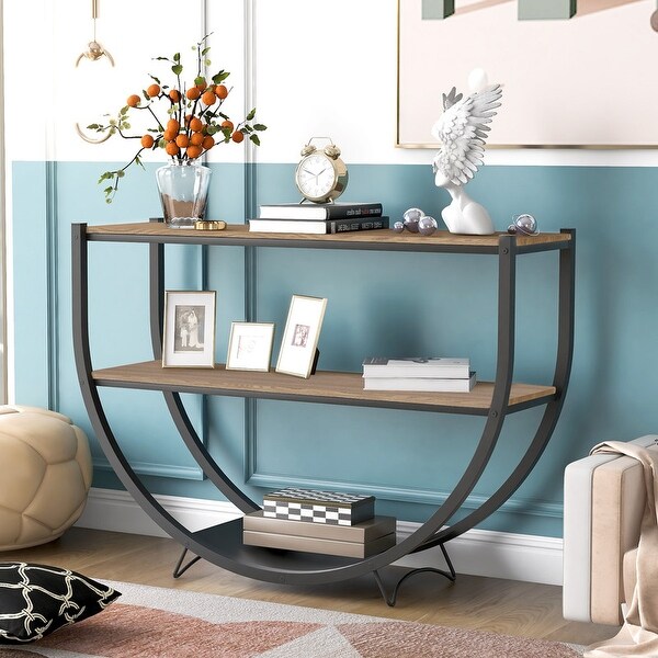 Rustic wood control table Unique semi-circular entry table Vintage 2-level sofa table with storage rack and sturdy metal frame