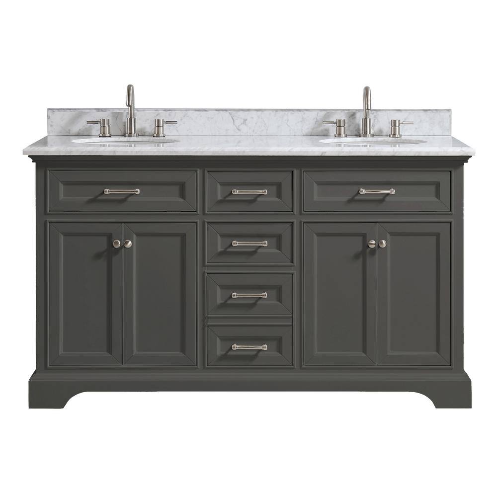 Home Decorators Collection Windlowe 61 in. W x 22 in. D x 35 in. H Freestanding Bath Vanity in Gray with Carrara White Marble Marble Top 15101-VS61C-GR