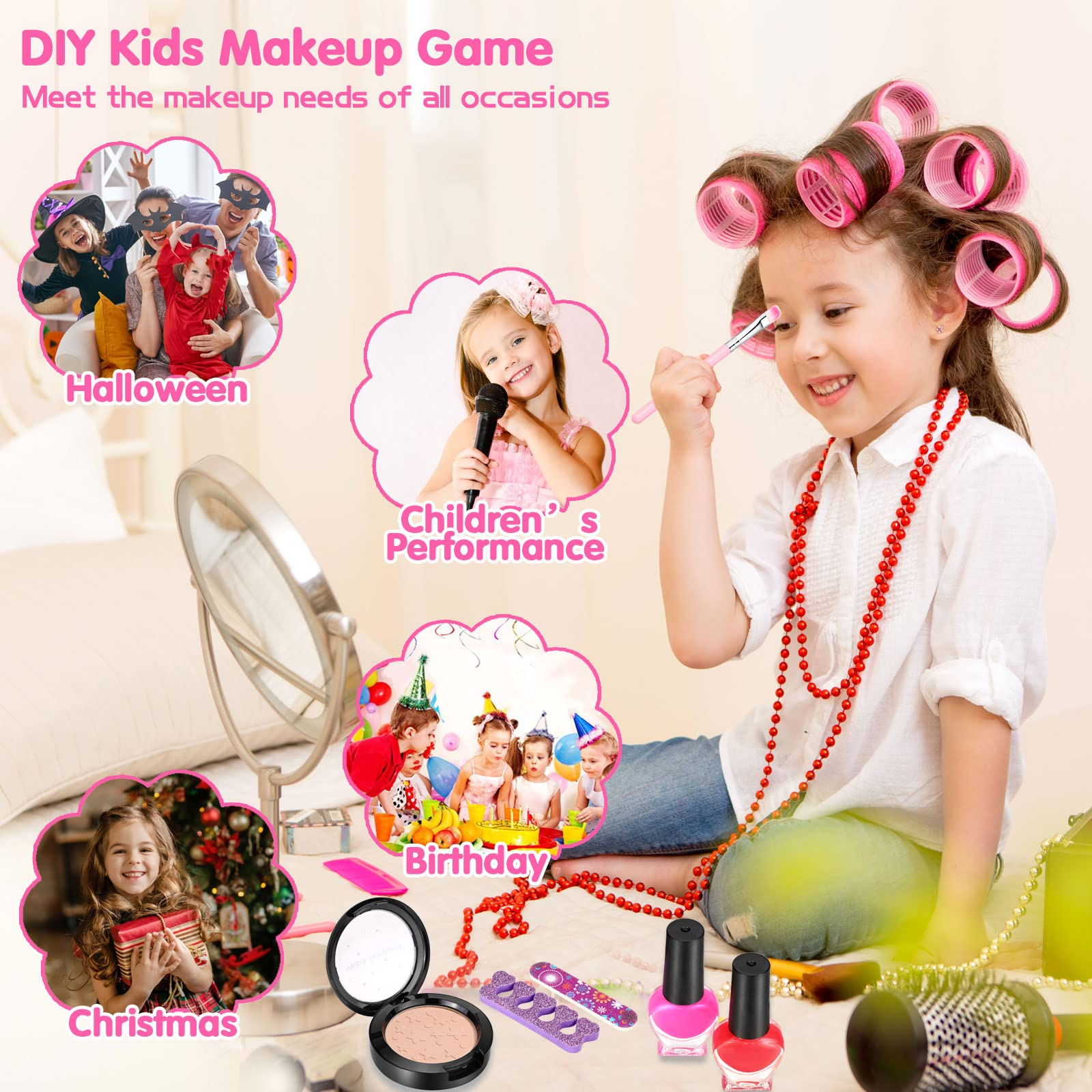 Kids Makeup kit for Girl，Washable Real Makeup Set Toys with Girls Tote Bag， Princess Makeup Set Toys for Birthday Gifts for 3 4 5 6 7 8 9 and Up Year Old Girl and Kids