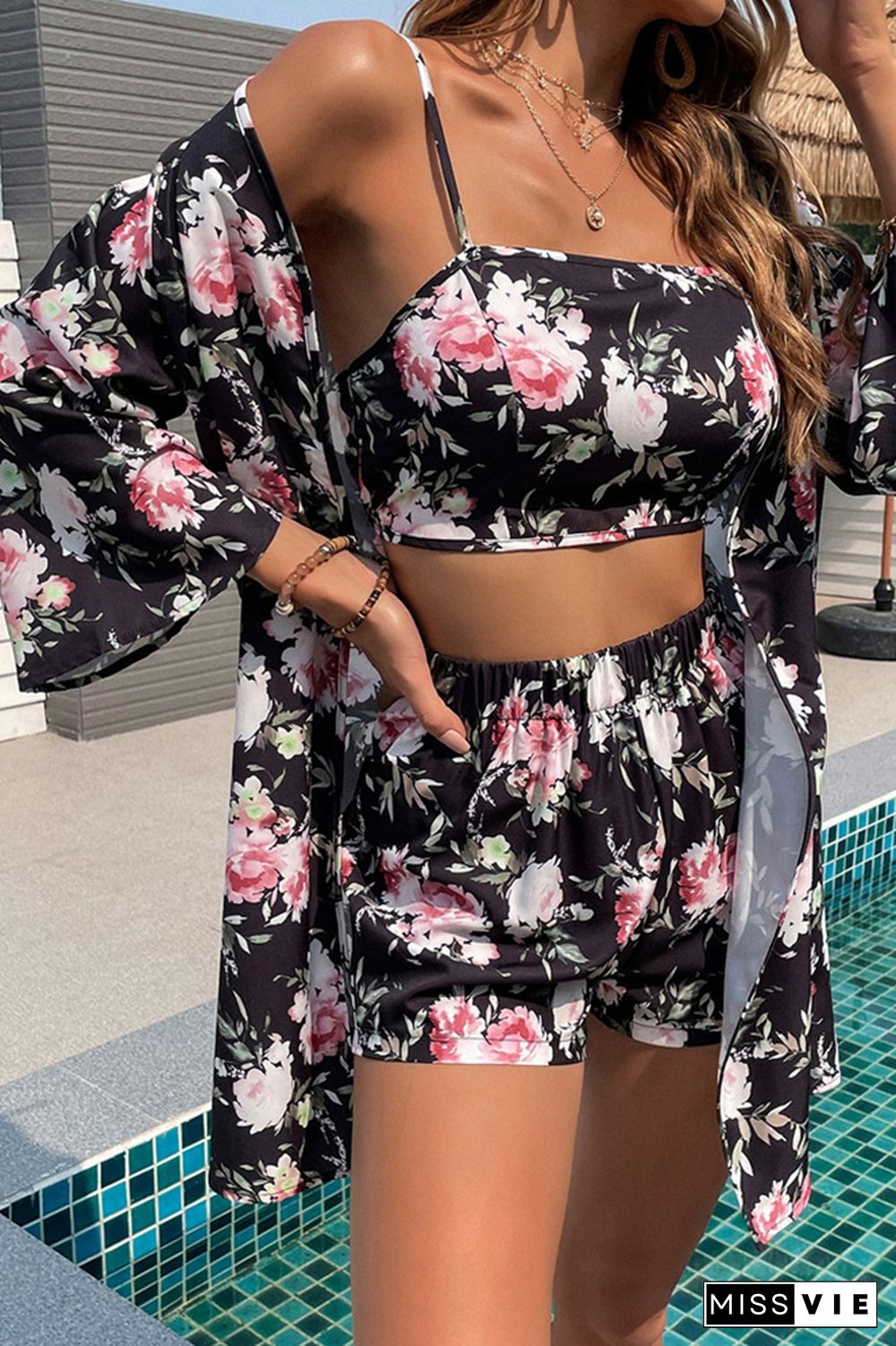 Floral Print Crop Top and Shorts and Cover Up 3pcs Set