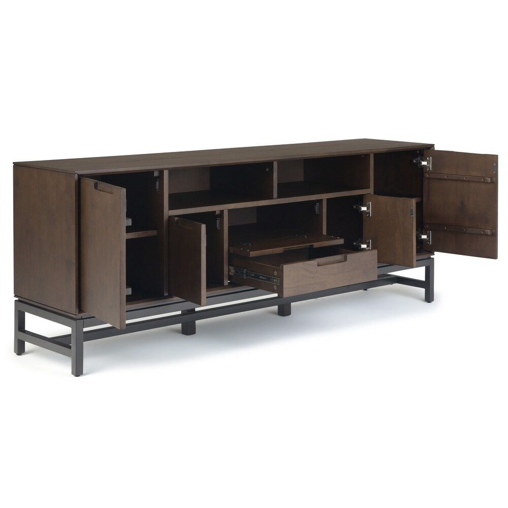 WYNDENHALL Devlin SOLID HARDWOOD 72 inch Wide Industrial TV Media Stand in Walnut Brown For TVs up to 80 inches