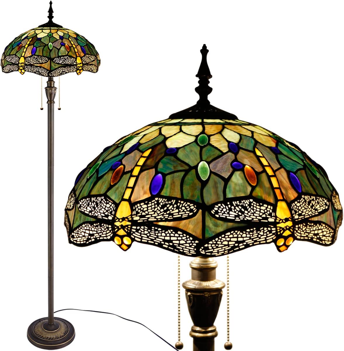 BBNBDMZ Tiffany Floor Lamp Stained Glass Dragonfly Style Reading Lamp W16H70 Inch Tall Antique Standing Pole Light Bronze Finsh  Bright Lighting Decor  Corner Living Room Bedroom Office