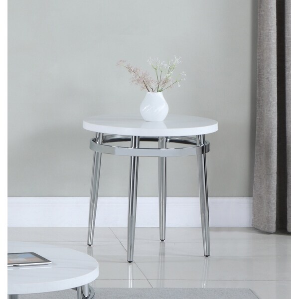 Round Faux Marble End Table with Metal Legs in White and Chrome