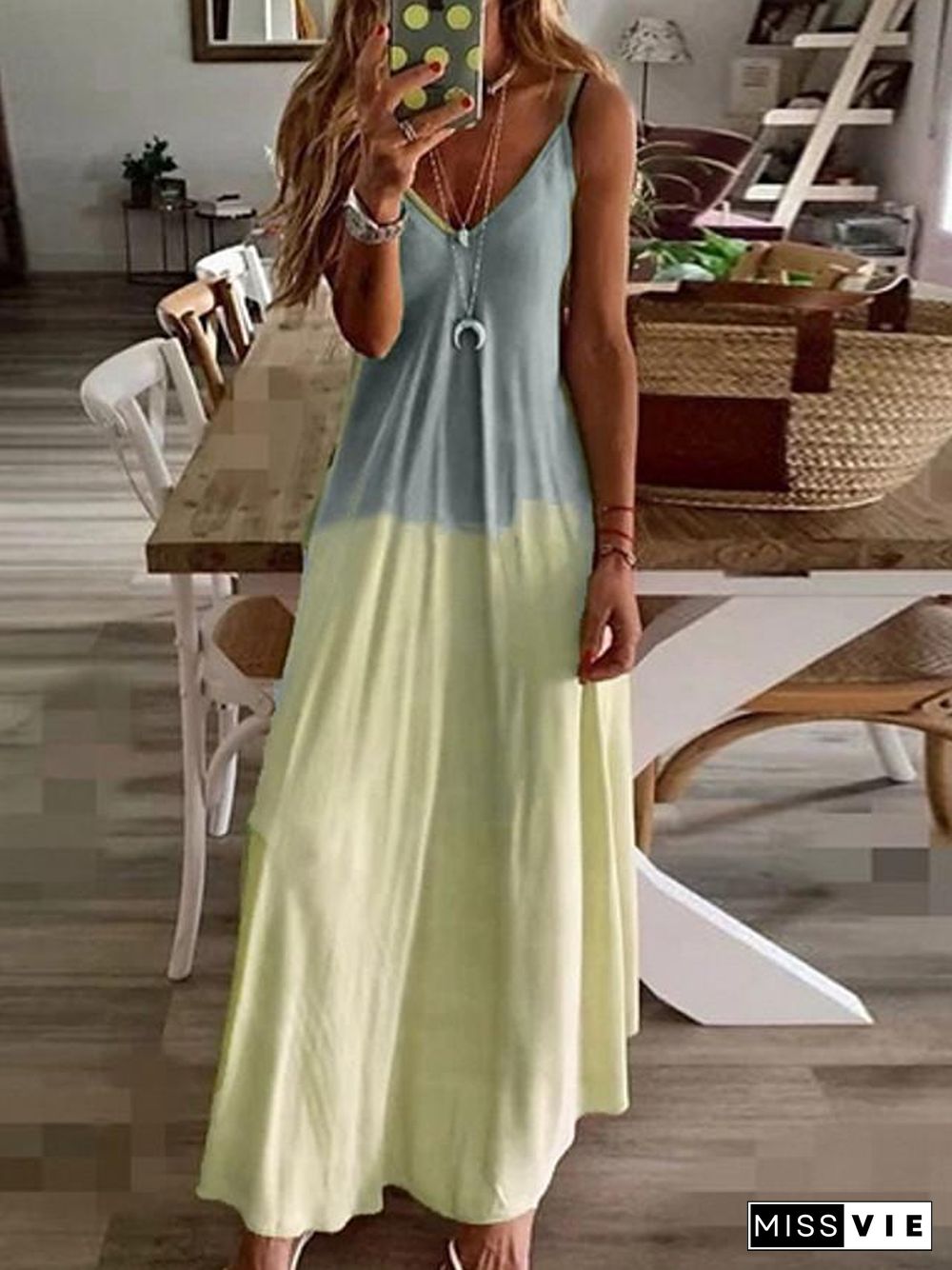 Women's Strap Dress Maxi long Dress Sleeveless Color Gradient Summer