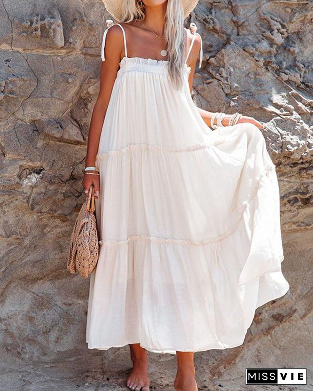 Summer Solid Color Suspender Big Swing Skirt