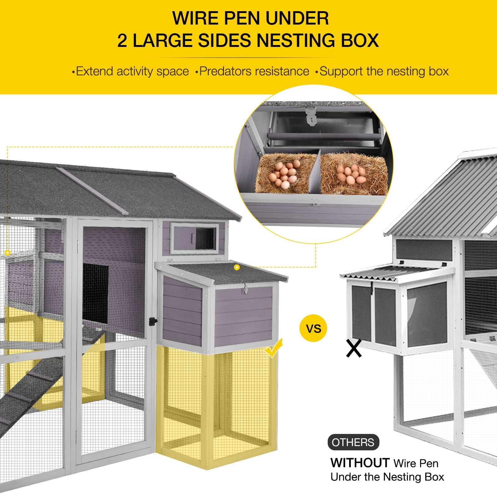 Morgete Extra Large Chicken Coop for 8 - 10 chickens, Nesting Box, Gray, 75.7 in