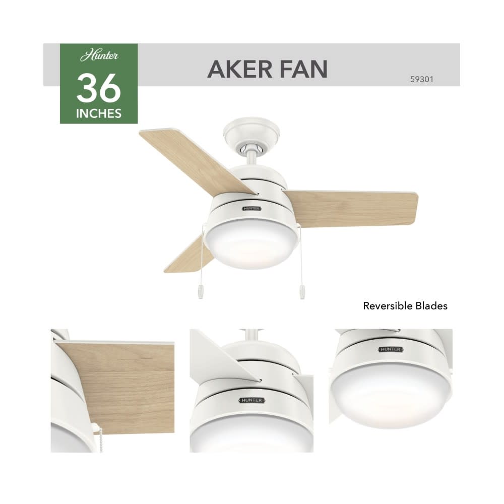 Hunter Aker Ceiling Fan 36 Fresh White/Natural Wood ;