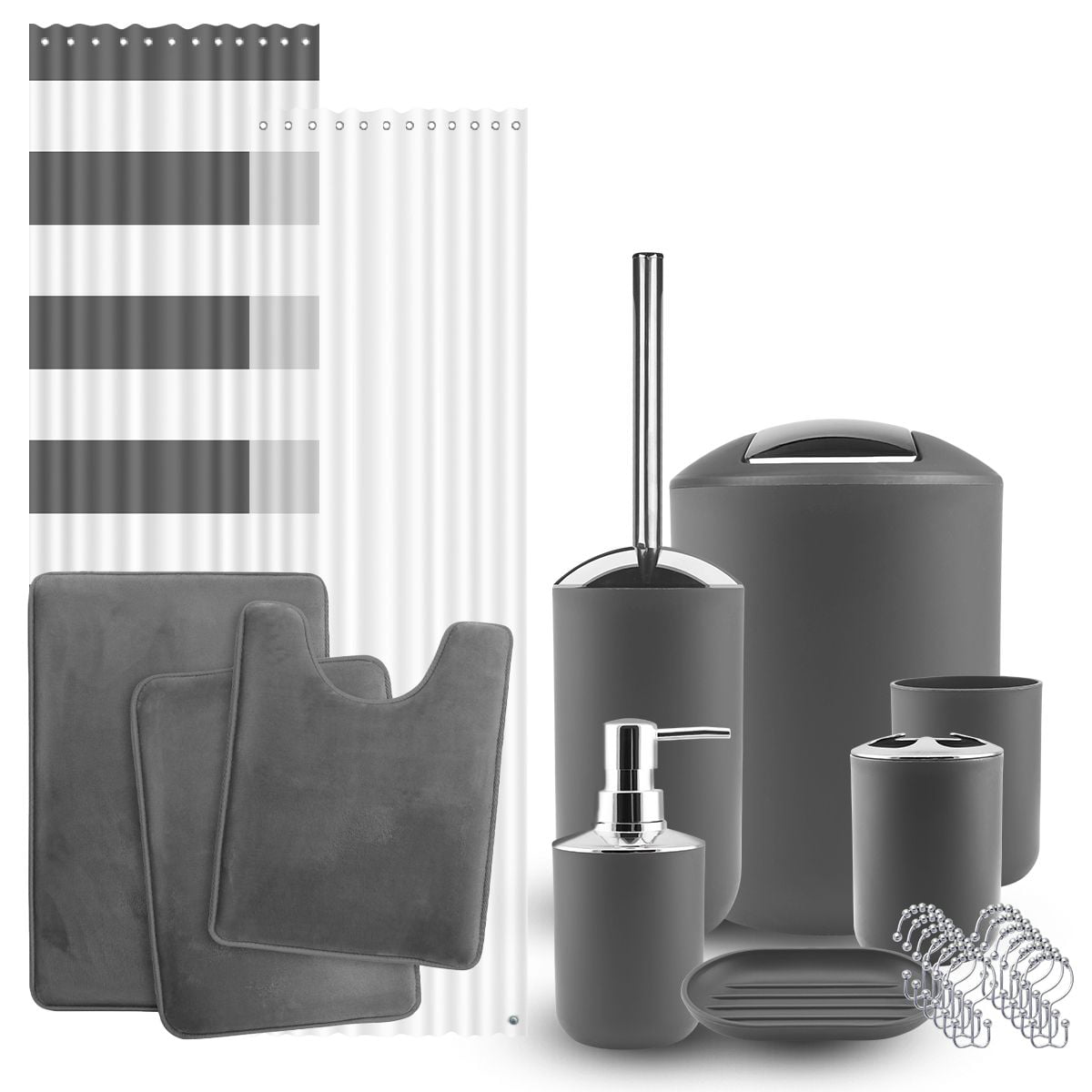 Clara Clark 12 Piece Bathroom Accessory Gift Set， Trash Can， Toothbrush Cup Soap Dish， Tumbler Toilet Brush with Holder， Gray Bathroom Décor， Bathroom Curtains Shower Set， Bath Rug Set Included