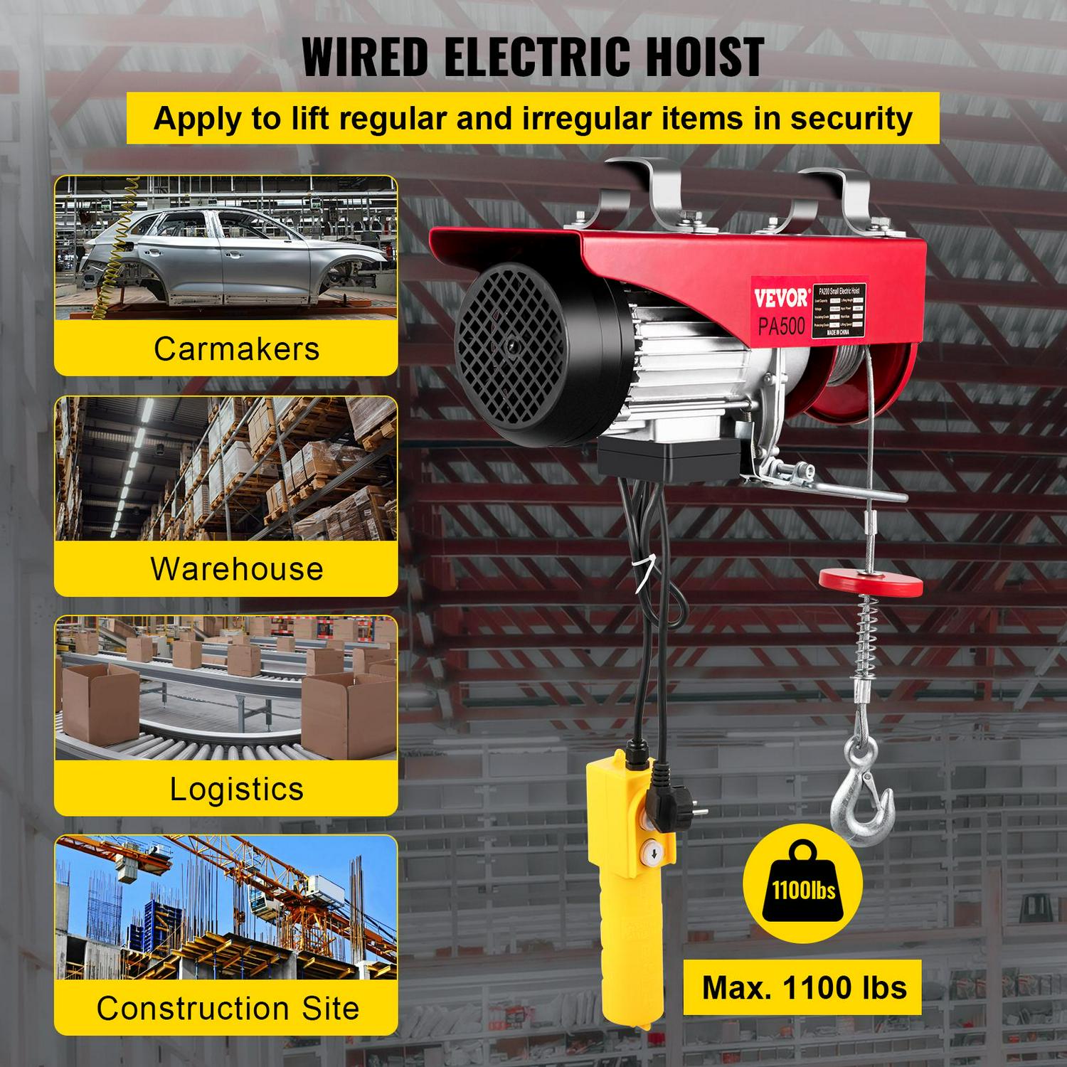 VEVORbrand Lift Electric Hoist 1100lbs， Electric Hoist 110v， Remote Control Electric Winch Overhead Crane Lift Electric Wire Hoist for Factories， Warehouses， Construction， Building， Goods Lifting