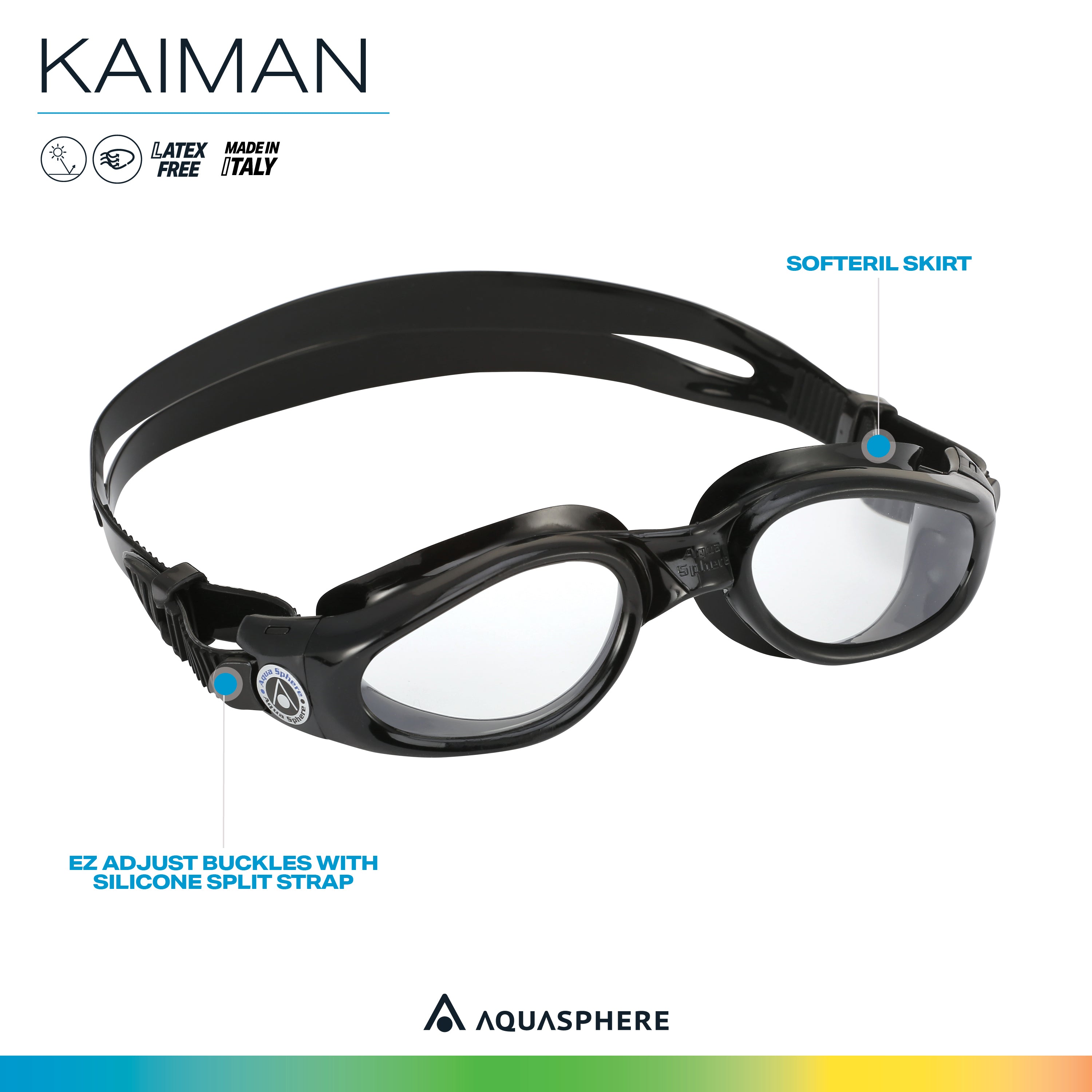 Aquasphere Kaiman Adult Swimming Goggles - The Original Curved Lens Goggle, Comfort & Fit for the Active Swimmer | Unisex Adult, Clear Lens, Black/Black Frame