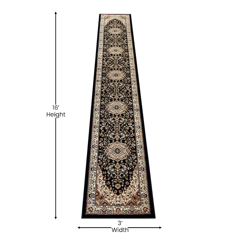 Masada Rugs Masada Rugs Bellagio Collection 3'x15' Traditional Area Rug Runner in Black - Design B401