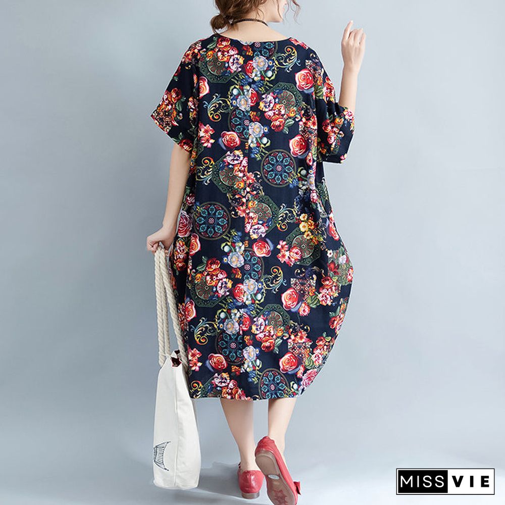 vintage black long linen dress trendy plus size prints cotton dress casual short sleeve linen dress