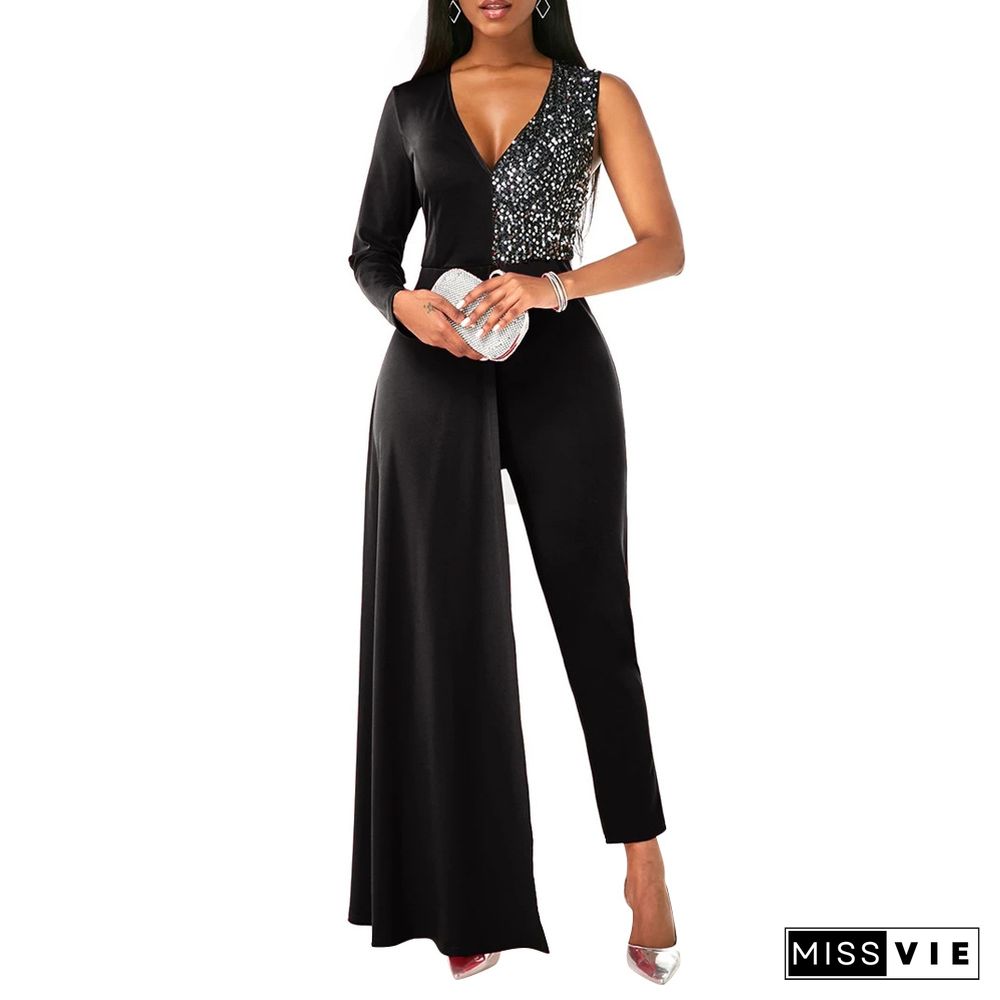 Fashion Sequin V-neck Waist Stitching Plus Size Jumpsuit