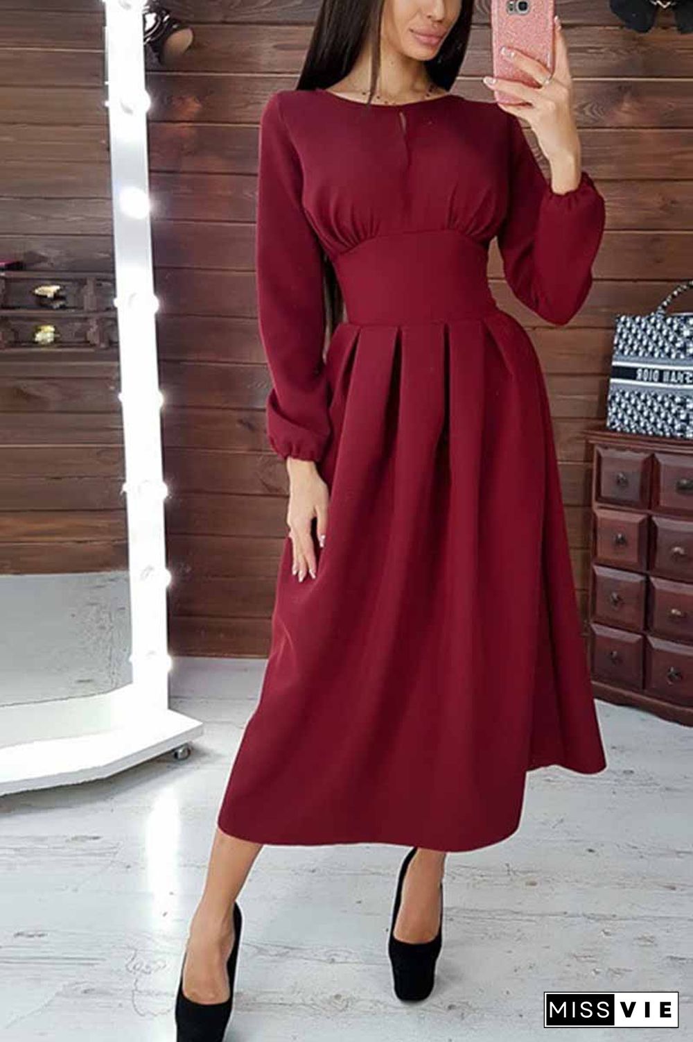 Elegant Solid Color Long Sleeves Midi Dresses