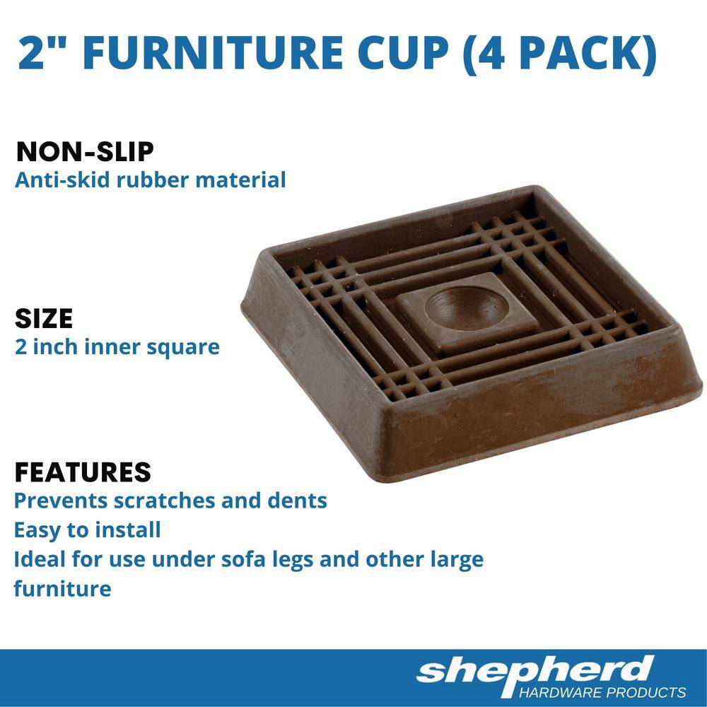 Shepherd 2 in. Brown Square Smooth Rubber Floor Protector Furniture Cups for Carpet  Hard Floors (4-Pack) 89076