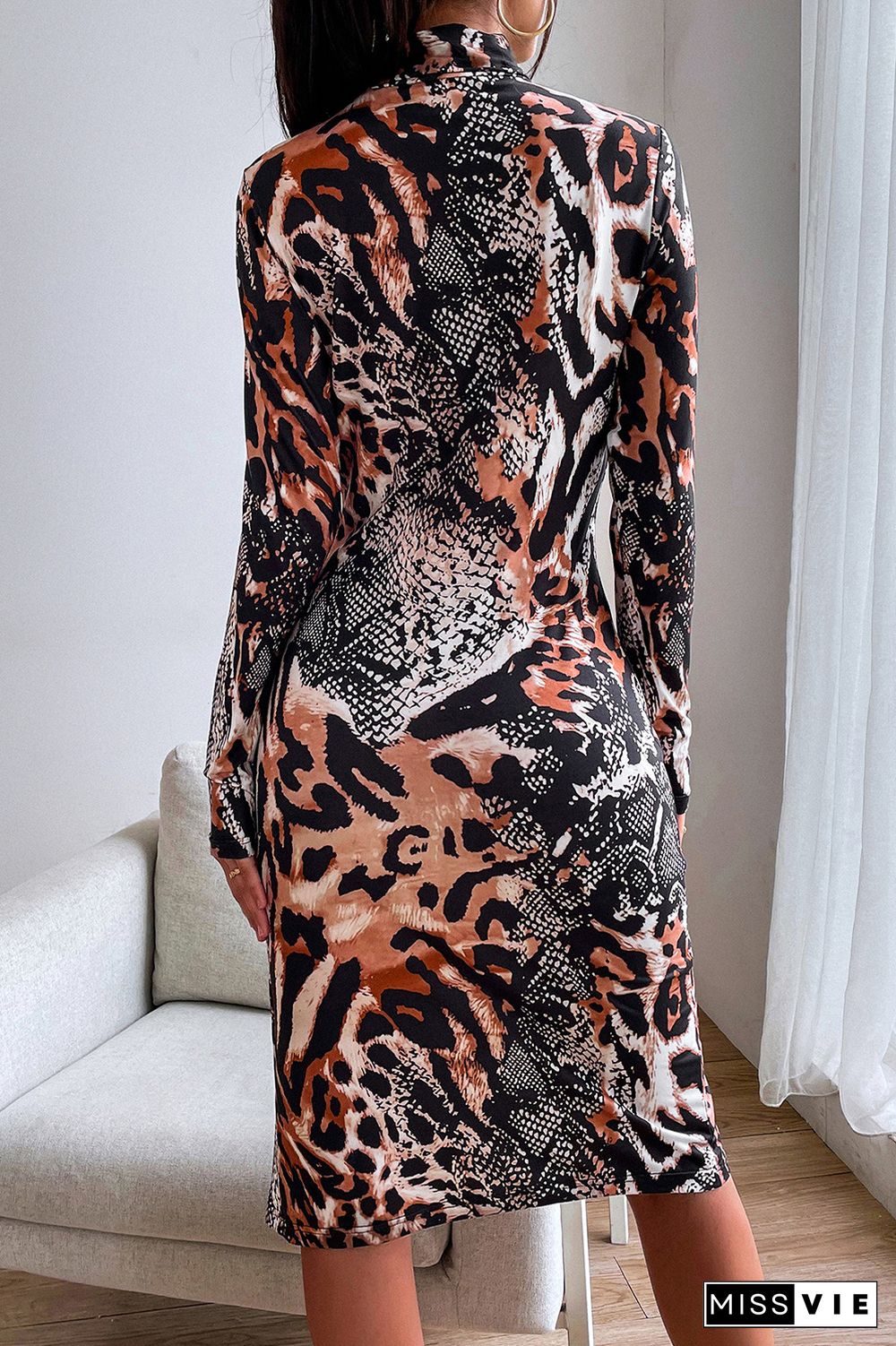 Snake Leopard Mixed Print High Neck Split Midi Dress