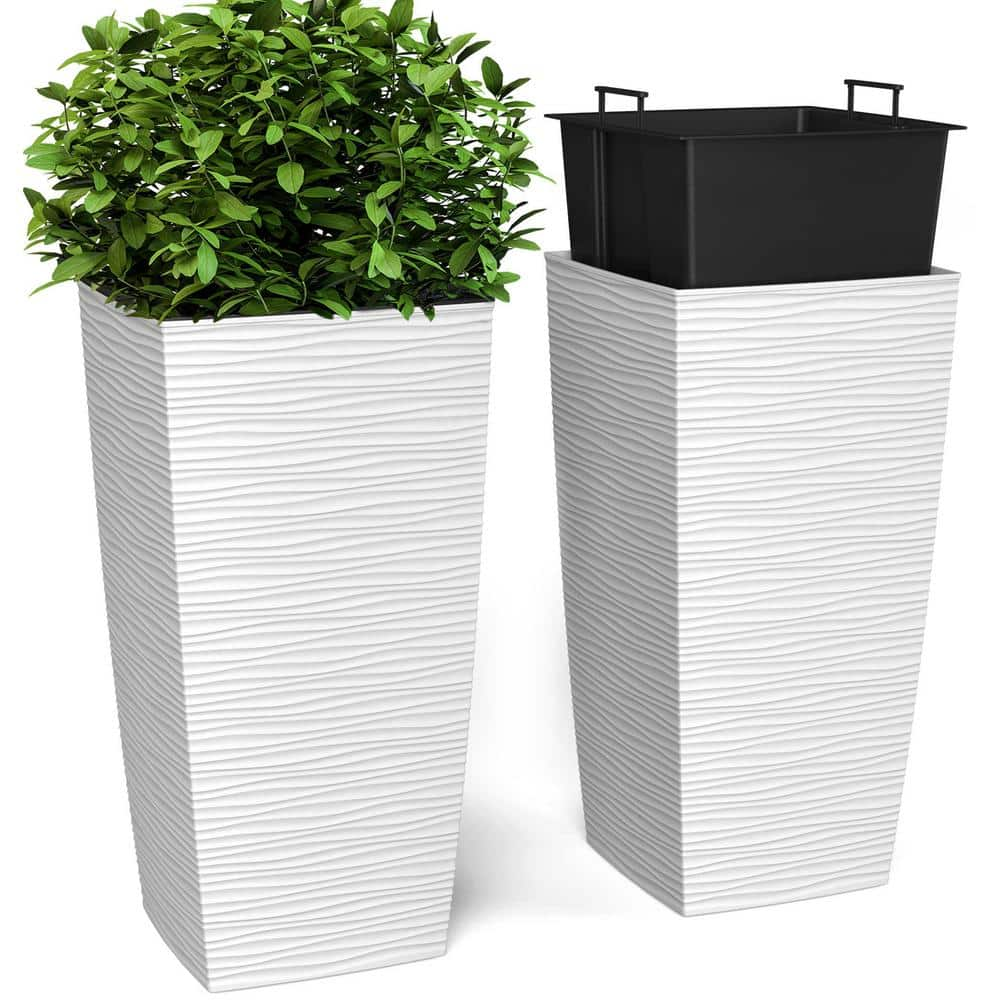 JANSKA 9 in. x 9 in. x 18 in. EverGreen White， M-Resin， Indoor/Outdoor Planter with Built-In Drainage， 2-Piece Duo Set， Small JAEG-1800WH