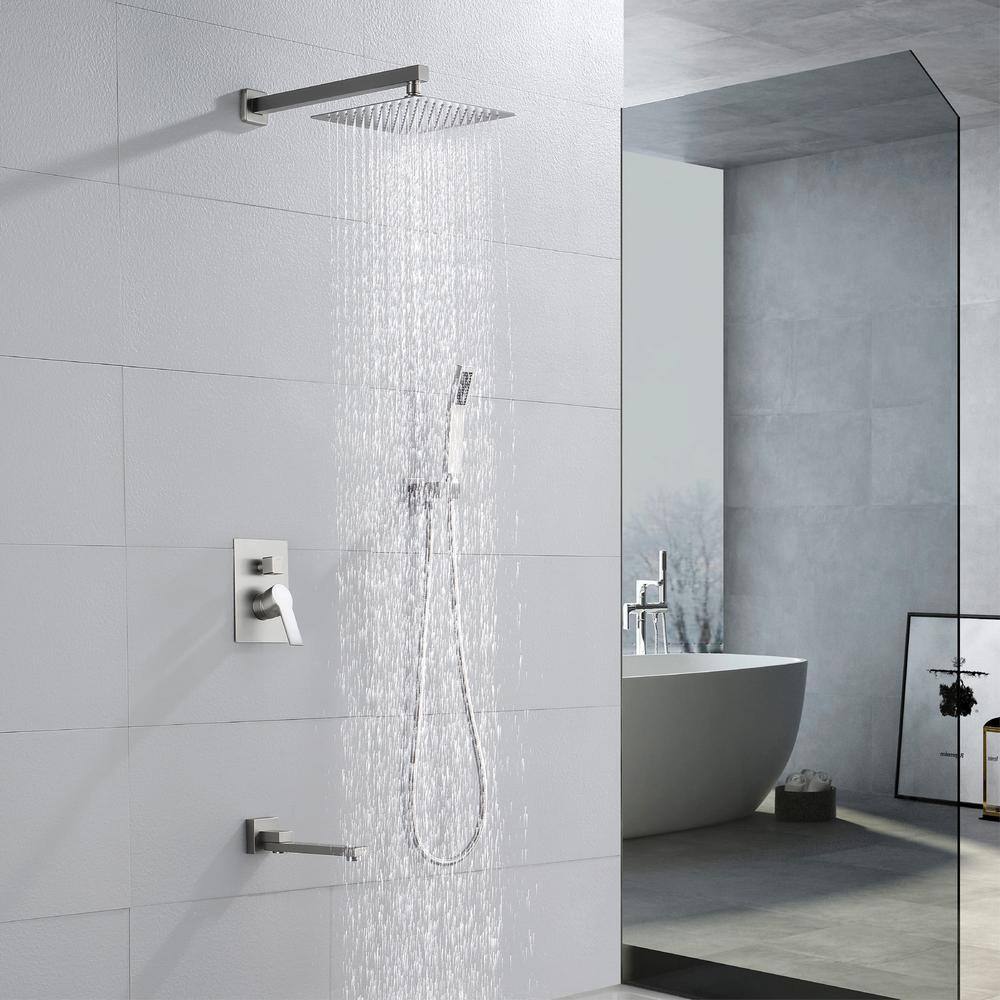 FLG Single-Handle Rain 1-Spray 10 in. Wall Mounted Tub and Shower Faucet with Hand Shower in Brushed Nickel (Valve Included) SS-0210-BN-10