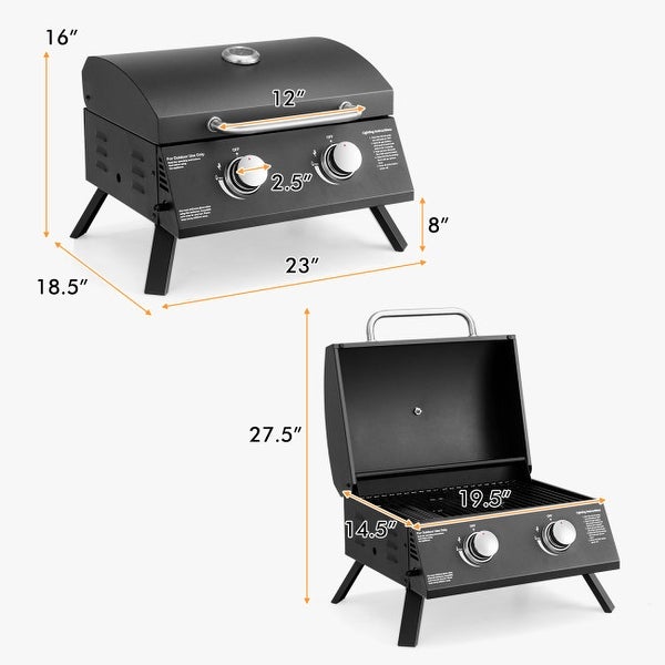 2-Burner Propane Gas Grill 20000 BTU Outdoor Portable with Thermometer - 22.5