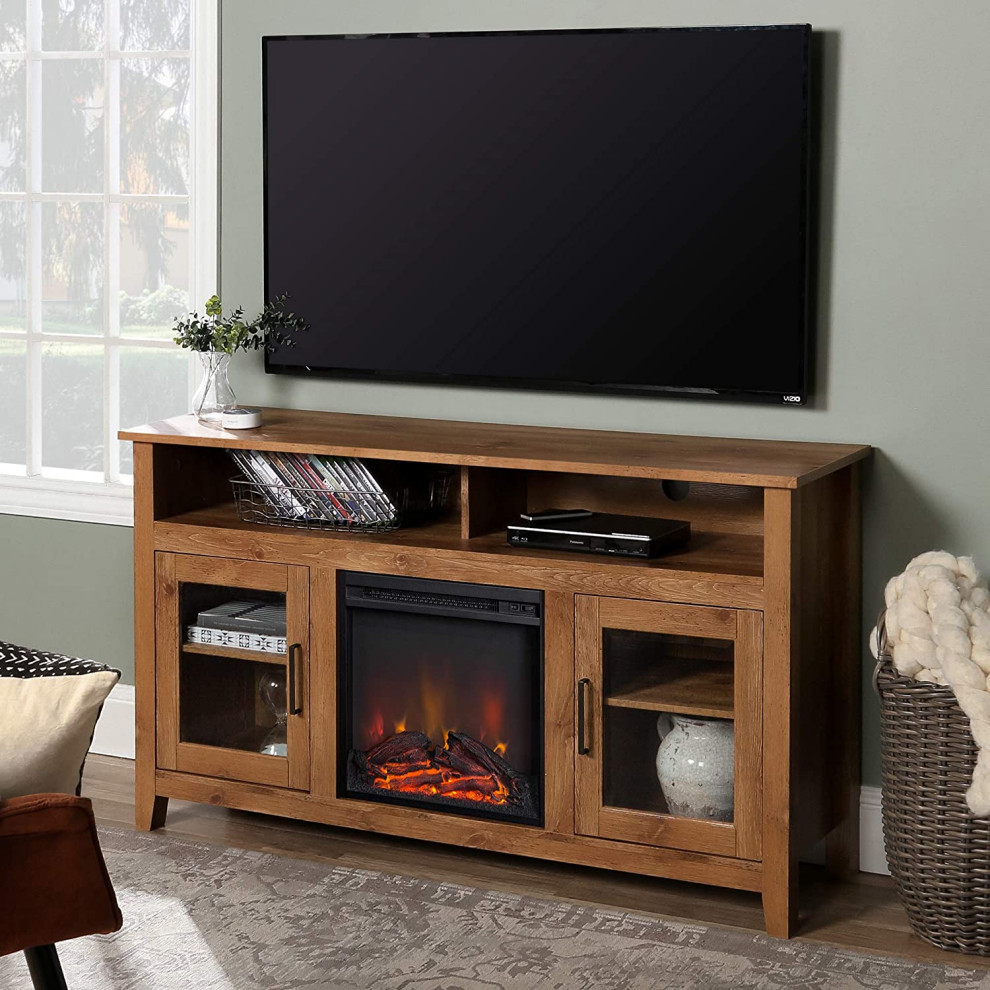 Rustic TV Stand  2 Side Glass Door Cabinets  ampCenter Fireplace   Transitional   Entertainment Centers And Tv Stands   by Decorn  Houzz