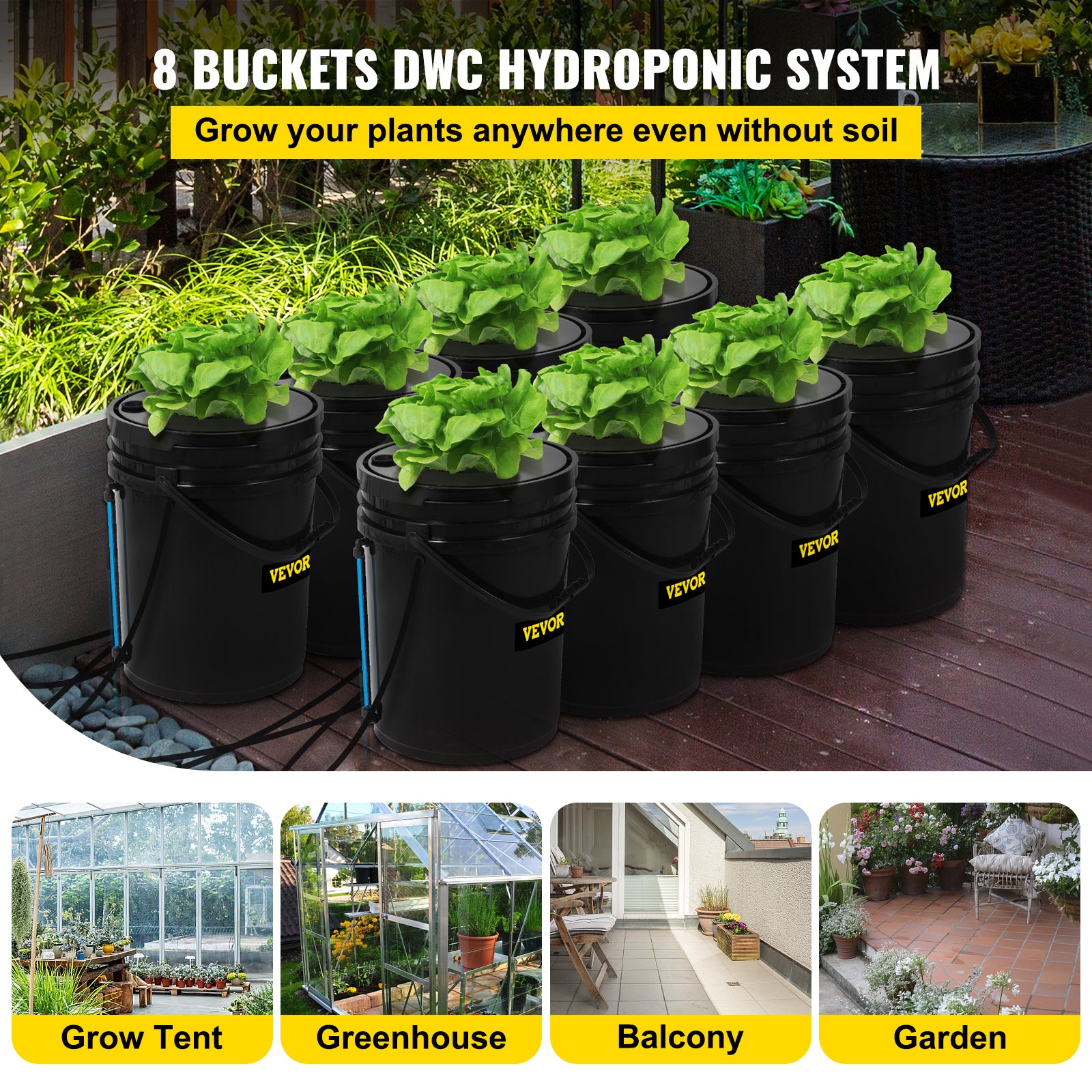 VEVOR DWC Hydroponic Bucket System， 5 Gallon 8 Buckets， Deep Water Culture Growing Bucket， Hydroponics Grow Kit with Pump， Air Stone and Water Level Device