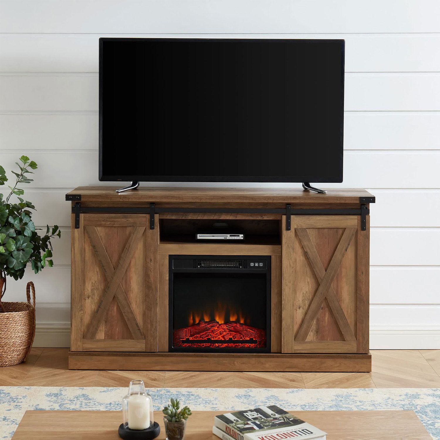 Edyo Living Electric Fireplace TV Stand Table with Sliding Barn Door， Rustic Oak