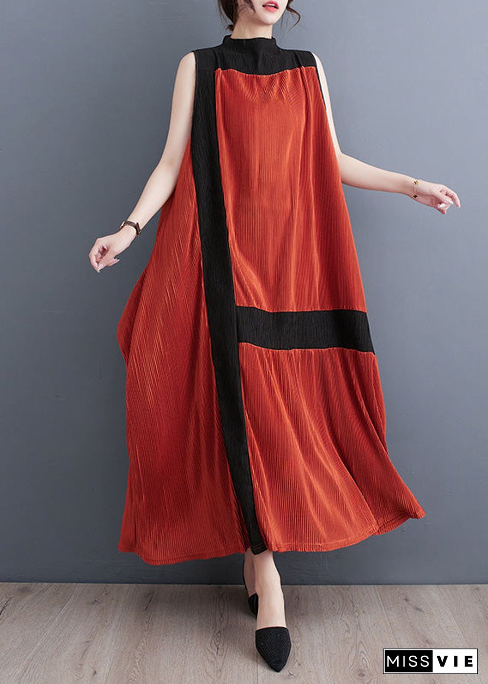 Casual Orange Turtleneck Patchwork Wrinkled Maxi Dress Sleeveless