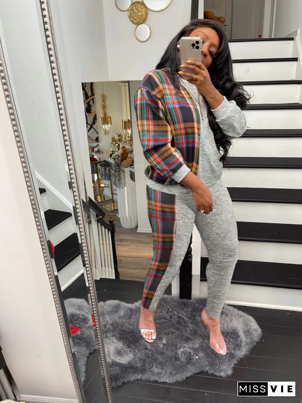 Plaid Patchwork Long Sleeve Sweatshirt Pencil Pants Set