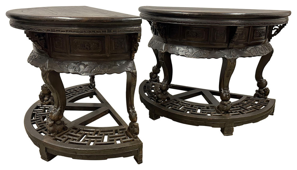 Consigned 9th Century Antique Chinese Hand Carved Half Moon Tables   Set of 2   Asian   Console Tables   by Golden Treasures Antiques and Collectibles Inc  Houzz