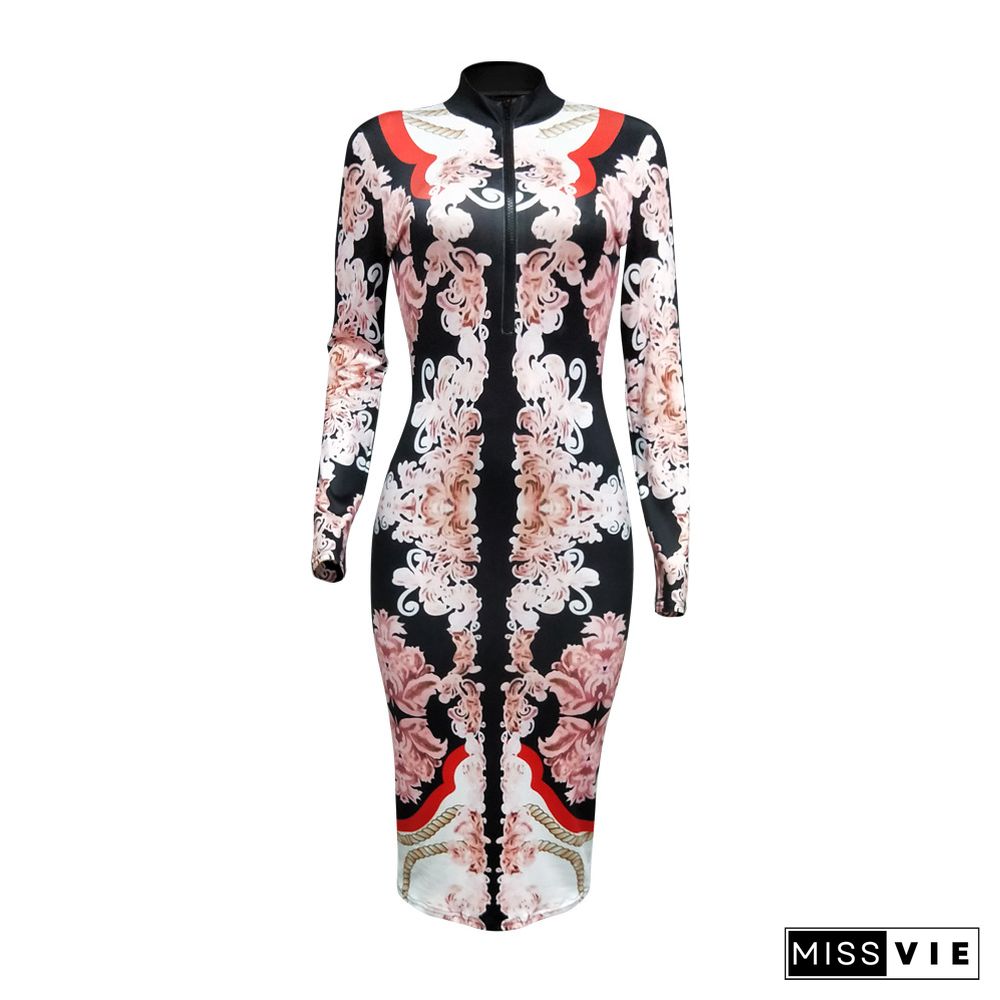 Women Print Long Sleeve Bodycon Party Midi Dress