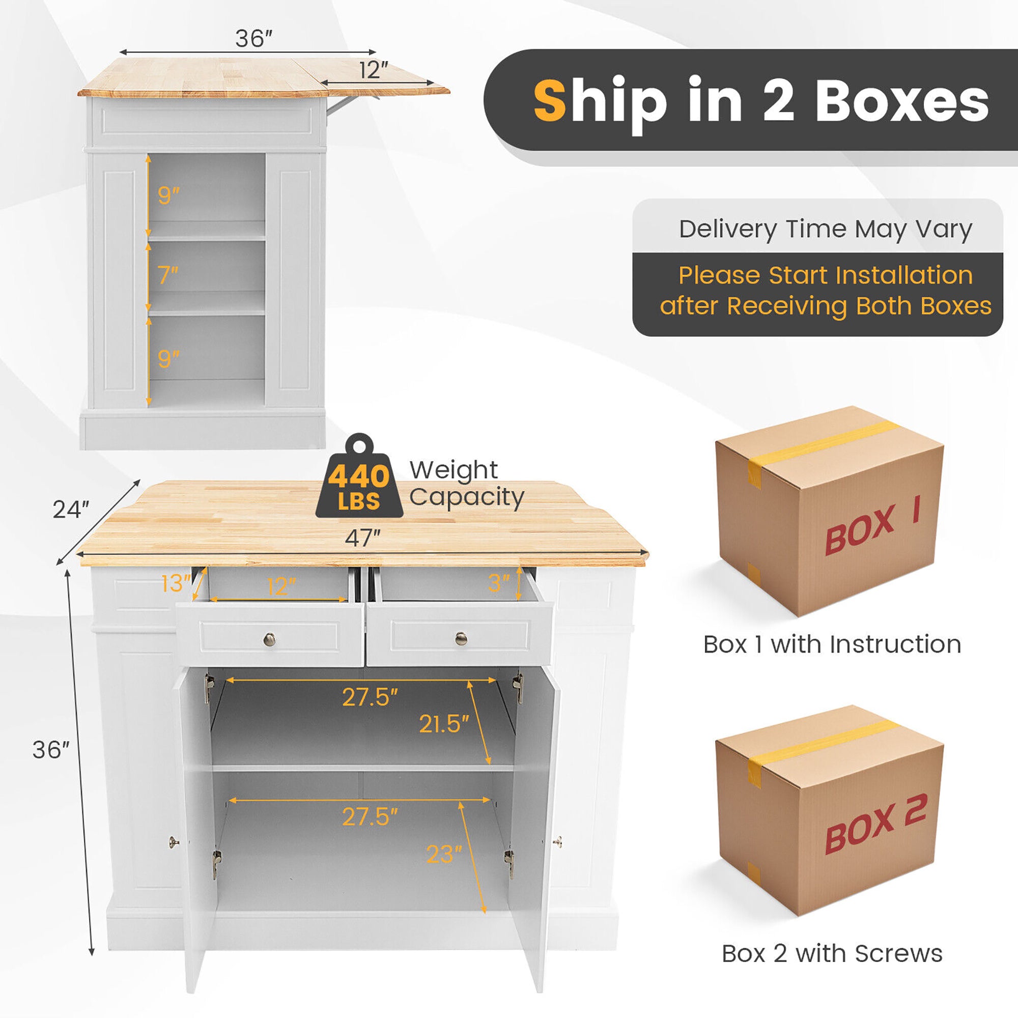 Gymax Large Kitchen Island Drop Leaf Breakfast Bar w/ Wood Top Shelves Drawers White