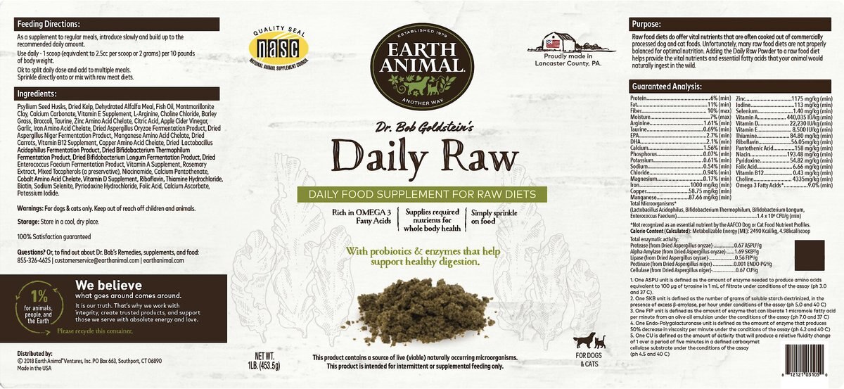 Earth Animal Daily Raw Powder Nutritional Dietary Vitamin and Mineral Raw Food Supplement for Dogs and Cats， 1-lb container