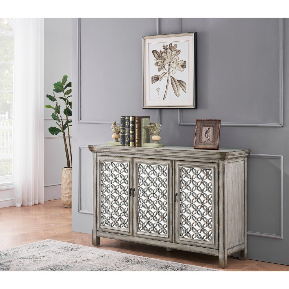 3 Door Storage Credenza/Cabinet with Mirrored Doors   Burnished Grey