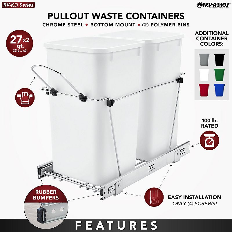 Rev-a-shelf Double Pull Out Trash Can 27 Qt For Kitchen， Silver， Rv-15kd-17c S