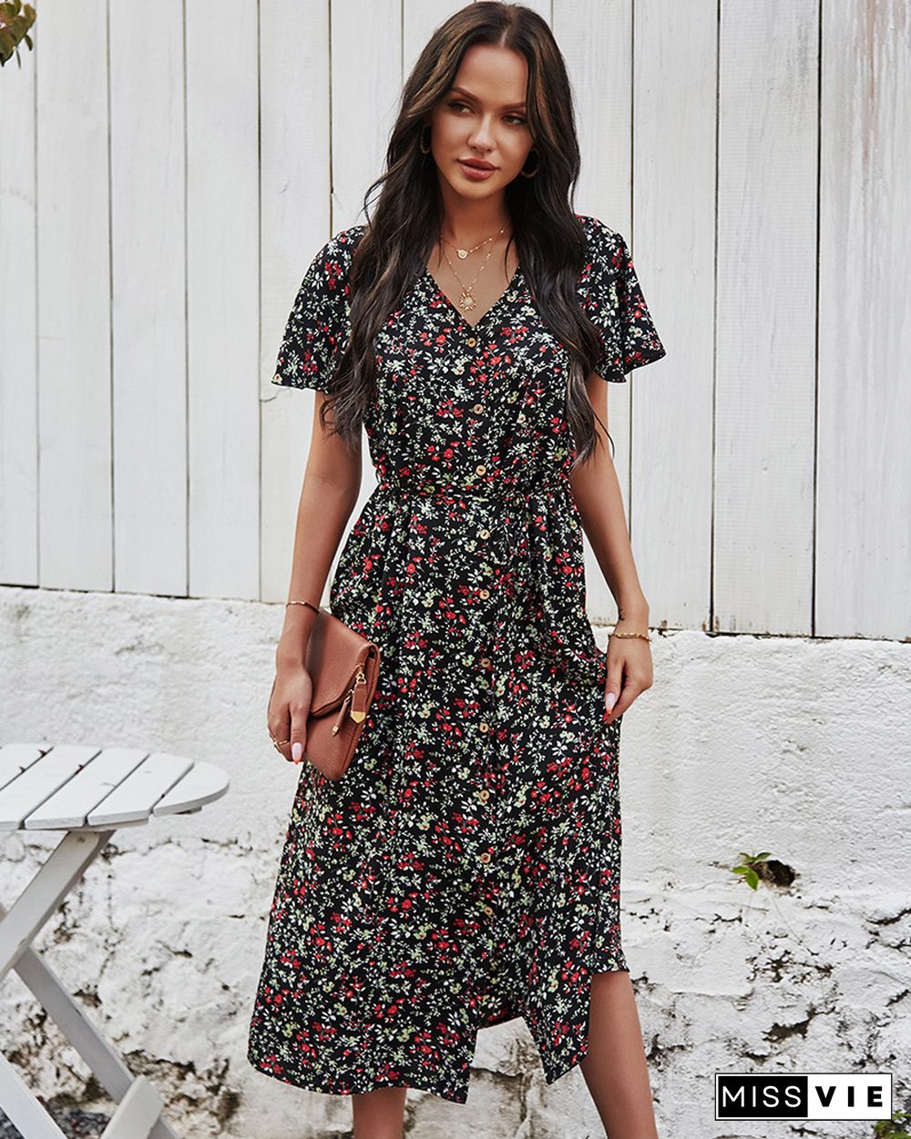 Elegant V-Neck Floral Print Summer Dress Women High Waist Button Bohemian Beach Dress Female Green Midi Vestidos De Mujer