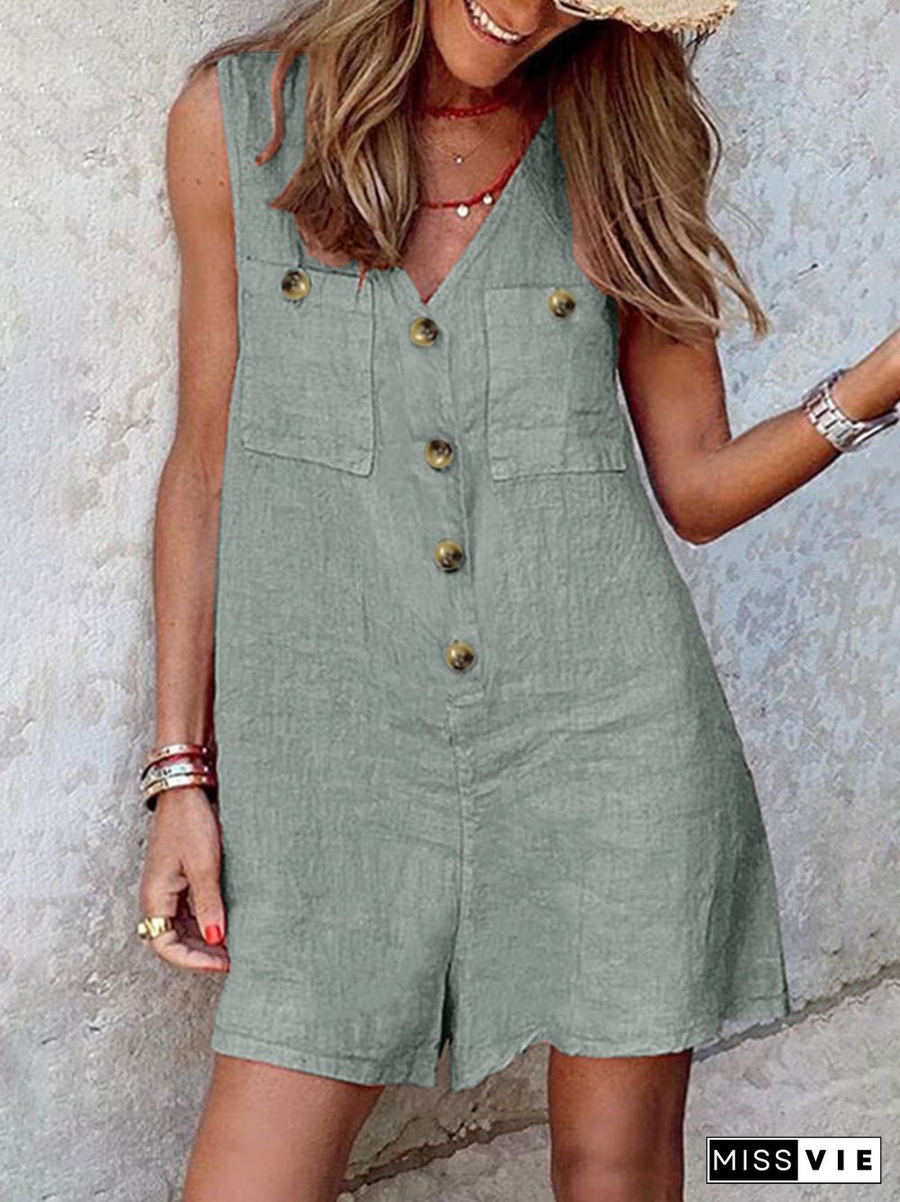 Solid Pocket Button Sleeveless V Neck Casual Romper