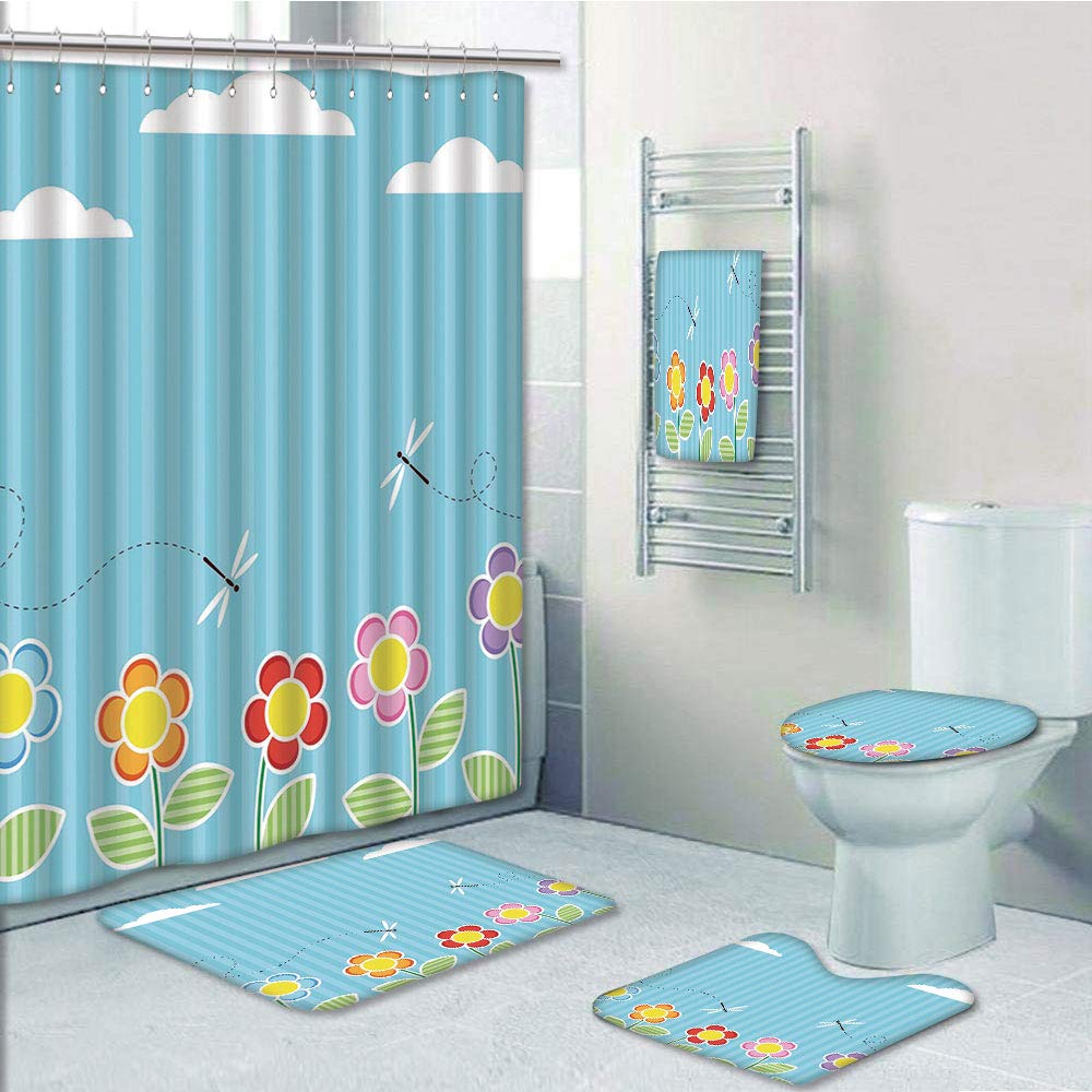 PRTAU Dragonfly Kids Playroom Children Floral Girls Daisy Blooms under Cloudy Sky Cartoon Sky 5 Piece Bathroom Set Shower Curtain Bath Towel Bath Rug Contour Mat and Toilet Lid Cover