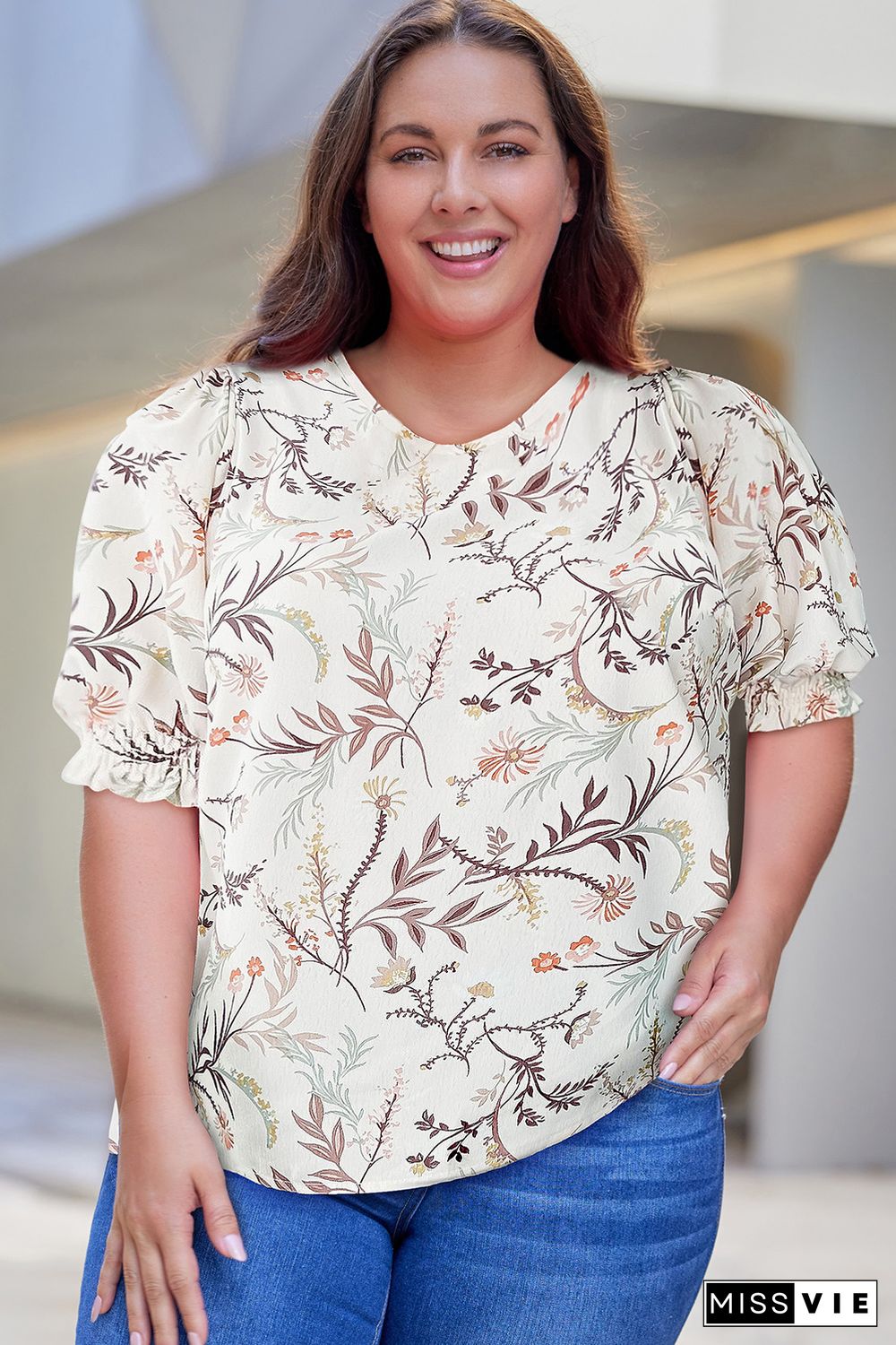 White Plus Size Botanical Print Puff Sleeve Blouse