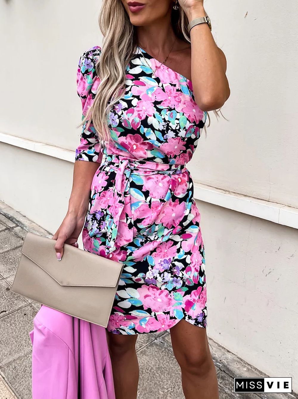 Sexy One-shoulder Long Sleeve Office Dress Women Vintage Floral Print Slit Bodycon Dress Summer Skew Collar Backless Mini Dress