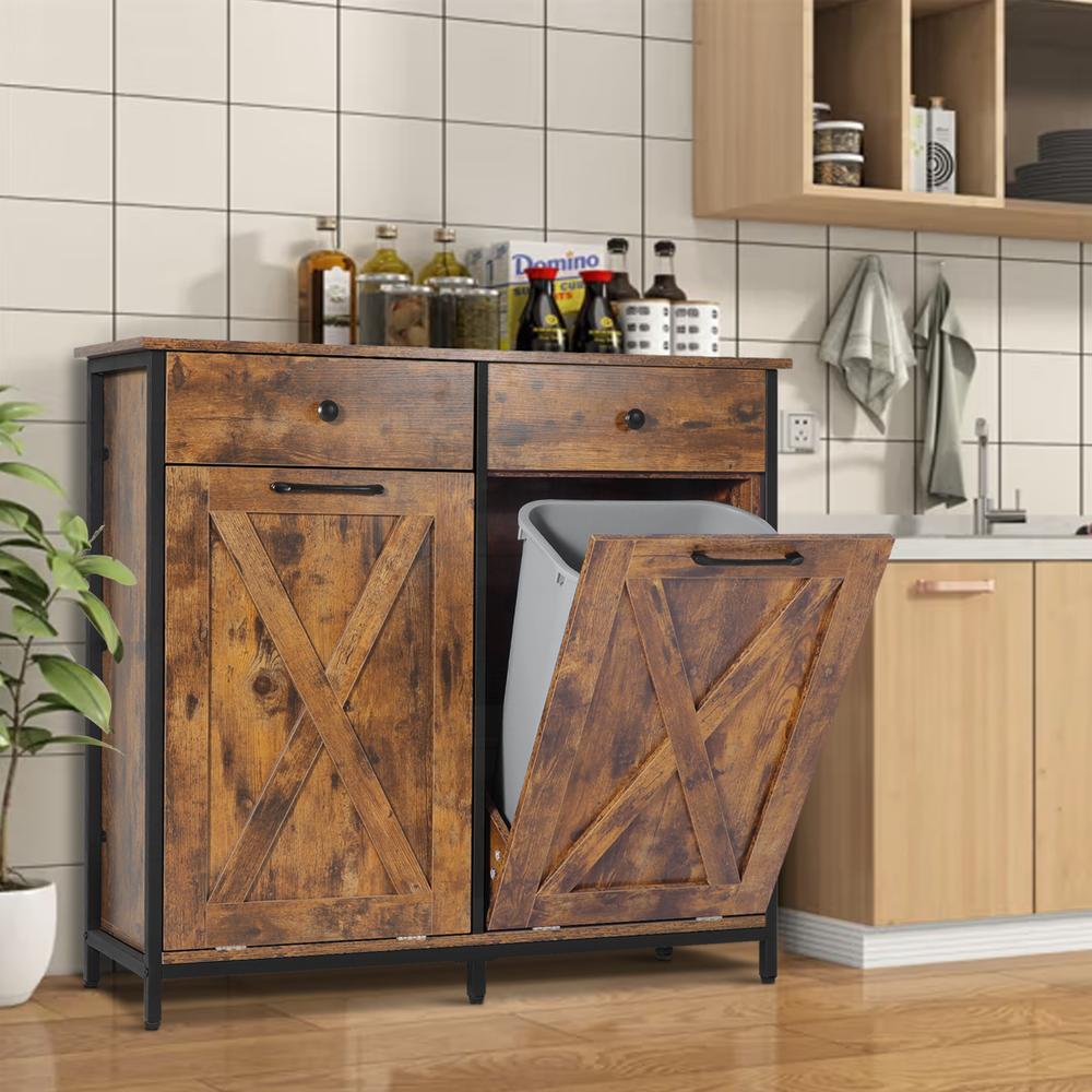 Eclife 39.4 Double Style Tilt Out Trash Cabinet Dual Rustic Wooden Kitchen Trash Cabinet with Barn Door and Solid Hideaway Drawer